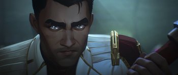 Movie still from “Arcane” (2021), created by Alex Yee – A man's face in a painting; Close Up shot, Low angle