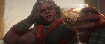 Movie still from “Arcane” (2021), created by Alex Yee – An older woman with white hair and a red scarf; Close Up shot, Low angle