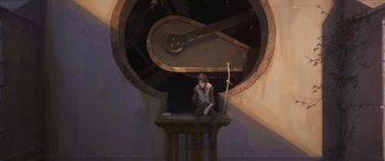 Movie still from “Arcane” (2021), created by Alex Yee – A man sitting on top of a wooden table; Wide shot, High angle