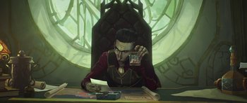 Movie still from “Arcane” (2021), created by Alex Yee – A man sitting at a table holding a glass of beer; Medium shot, High angle