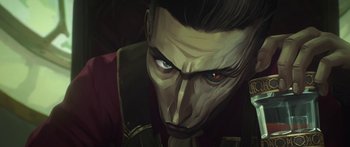 Movie still from “Arcane” (2021), created by Alex Yee – A painting of a man with a red face; Extreme Close Up shot, Low angle