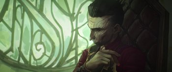 Movie still from “Arcane” (2021), created by Alex Yee – A painting of a man in a red shirt; Close Up shot, Low angle