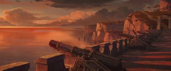 Movie still from “Arcane” (2021), created by Alex Yee – An oil painting of an ocean with a cannon in the foreground; Extreme Wide shot, Low angle