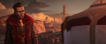 Movie still from “Arcane” (2021), created by Alex Yee – An artistic painting of a city in the desert; Medium shot, Low angle