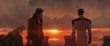 Movie still from “Arcane” (2021), created by Alex Yee – Two people standing on a platform in front of a sunset; Medium shot, Low angle