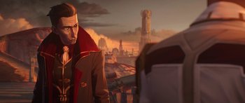 Movie still from “Arcane” (2021), created by Alex Yee – A man standing in front of an orange and red sky; Close Up shot, Over the shoulder angle