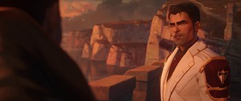 Movie still from “Arcane” (2021), created by Alex Yee – A man standing in front of a cliff with water in front of him; Medium shot, Over the shoulder angle