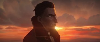 Movie still from “Arcane” (2021), created by Alex Yee – An animated man is looking into the sunset; Close Up shot, Low angle