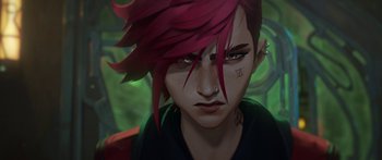 Movie still from “Arcane” (2021), created by Alex Yee – A person with a red hair; Close Up shot, High angle