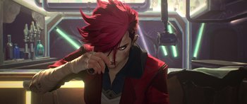 Movie still from “Arcane” (2021), created by Alex Yee – A man with red hair is sitting in a car; Close Up shot, High angle