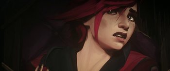 Movie still from “Arcane” (2021), created by Alex Yee – A woman's face with red hair; Extreme Close Up shot, Low angle