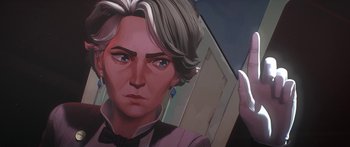 Movie still from “Arcane” (2021), created by Alex Yee – An illustration of a man with gray hair and wearing a bow tie; Close Up shot, Over the shoulder angle