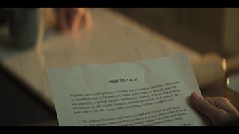 Movie still from “You” (2018), created by Sera Gamble – A piece of paper that is on top of a table; Extreme Close Up shot, High angle