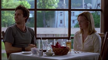 Movie still from “You Can Count on Me” (2000), directed by Kenneth Lonergan – A man and a woman sitting at a dinner table; Medium shot, Over the shoulder angle