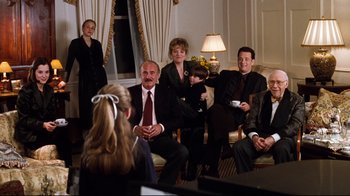 Movie still from “You've Got Mail” (1998), directed by Nora Ephron – A group of people sitting in a living room; Wide shot, Over the shoulder angle