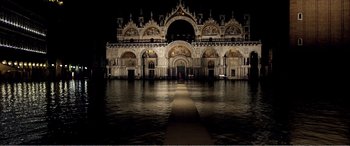 Movie still from “Youth” (2015), directed by Paolo Sorrentino – A large building with many arches and a large walkway; Extreme Wide shot, High angle