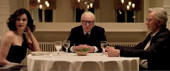 Movie still from “Youth” (2015), directed by Paolo Sorrentino – An older man sitting at a table in front of a bowl of salad; Medium shot, Over the shoulder angle