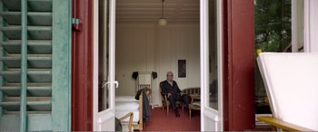 Movie still from “Youth” (2015), directed by Paolo Sorrentino – An older man sitting on a chair in a room; Wide shot, Low angle