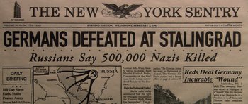 Movie still from “Youth Without Youth” (2007), directed by Francis Ford Coppola – An old newspaper with the headline " new york evening edition , wednesday , february 3 , 1 9 4 3 "; Extreme Close Up shot, High angle
