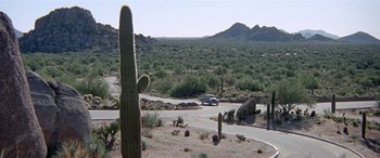 Movie still from “Zabriskie Point” (1970), directed by Michelangelo Antonioni – A car driving down a street next to a cactus; Extreme Wide shot, High angle