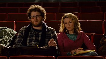 Movie still from “Zack and Miri Make a Porno” (2008), directed by Kevin Smith – A man and a woman sitting next to each other; Medium shot, High angle