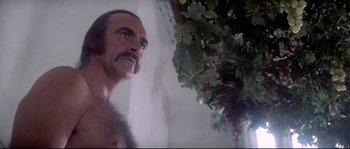 Movie still from “Zardoz” (1974), directed by John Boorman – A person with a beard and mustache; Close Up shot, Low angle