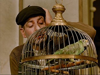 Movie still from “Zazie dans le Métro” (1960), directed by Louis Malle – A man looking at a bird in a bird cage; Close Up shot, Low angle