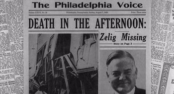 Movie still from “Zelig” (1983), directed by Woody Allen – A black and white photo of the front page of a newspaper; Extreme Close Up shot, Low angle