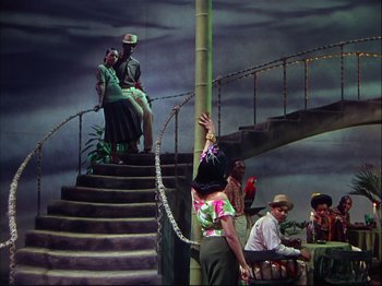 Movie still from “Ziegfeld Follies” (1945), directed by Roy Del Ruth – Two people are sitting on the stairs of a theater; Wide shot, High angle