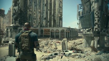 Movie still from “Army of the Dead” (2021), directed by Zack Snyder – A man standing in the middle of a destroyed city; Extreme Wide shot, Low angle