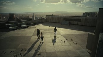 Movie still from “Army of the Dead” (2021), directed by Zack Snyder – A group of people standing on top of a building; Extreme Wide shot, High angle