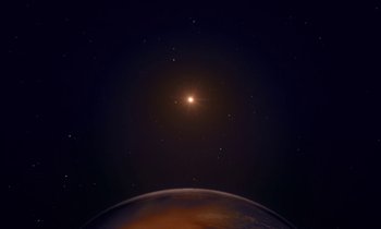 Movie still from “Atlantics” (2019), directed by Mati Diop – An image of an exoplanet in the night sky; Extreme Wide shot, Overhead angle