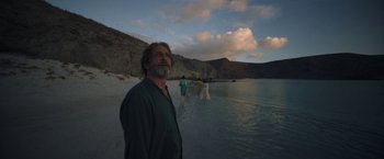 Movie still from “Bardo: False Chronicle of a Handful of Truths” (2022), directed by Alejandro G. Iñárritu – A man standing on a beach near a body of water; Wide shot, Low angle