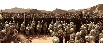 Movie still from “Baahubali: The Beginning” (2015), directed by S.S. Rajamouli – A large group of people are standing in a field; Extreme Wide shot, High angle