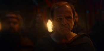 Movie still from “Barbarians” (2020), created by Arne Nolting – An old man is looking into the camera; Close Up shot, Over the shoulder angle