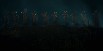 Movie still from “Barbarians” (2020), created by Arne Nolting – A group of people dressed in medieval costumes; Extreme Wide shot, Low angle