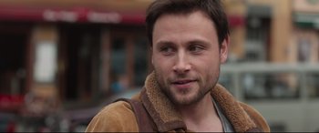 Movie still from “Berlin Syndrome” (2017), directed by Cate Shortland – A person wearing a jacket; Close Up shot, Over the shoulder angle