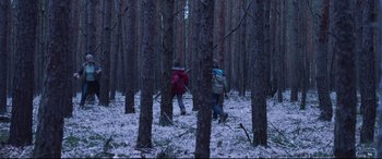 Movie still from “Berlin Syndrome” (2017), directed by Cate Shortland – A couple of people walking through a snow covered forest; Wide shot, Low angle