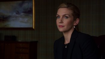 Movie still from “Better Call Saul” (2015), created by Vince Gilligan – A woman wearing a black jacket and a black shirt; Close Up shot, Over the shoulder angle