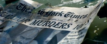 Movie still from “6 Underground” (2019), directed by Michael Bay – The front page of a new york newspaper; Extreme Close Up shot, High angle