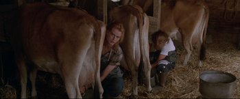 Movie still from “A League of Their Own” (1992), directed by Penny Marshall – A woman kneeling down next to a group of brown cows; Medium shot, High angle