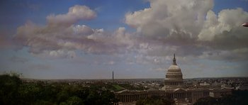 Movie still from “Airport '77” (1977), directed by Jerry Jameson – A view of the washington monument from the top of the capitol building; Extreme Wide shot, Low angle