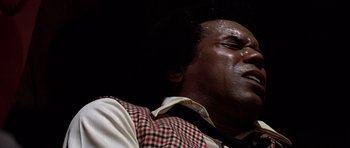 Movie still from “Airport '77” (1977), directed by Jerry Jameson – A person wearing a shirt and tie; Extreme Close Up shot, Low angle