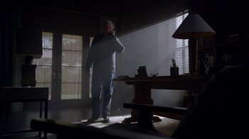 Movie still from “Better Call Saul” (2015), created by Vince Gilligan – A man standing in a dimly - lit living room; Wide shot, Low angle