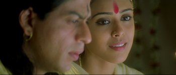 Movie still from “Asoka” (2001), directed by Santosh Sivan – A woman and a young man are looking at the camera; Extreme Close Up shot, Over the shoulder angle