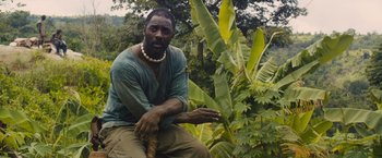 Movie still from “Beasts of No Nation” (2015), directed by Cary Joji Fukunaga – A man sitting on top of a tree in the woods; Medium shot, High angle