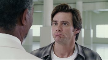 Movie still from “Bruce Almighty” (2003), directed by Tom Shadyac – A person with his mouth wide open; Close Up shot, Low angle