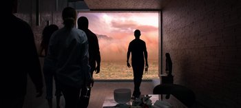 Movie still from “Chambers” (2019), created by Leah Rachel – A group of people standing in front of a large window; Extreme Wide shot, Over the shoulder angle