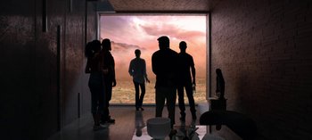 Movie still from “Chambers” (2019), created by Leah Rachel – A group of people standing in front of a large window; Extreme Wide shot, Over the shoulder angle