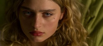 Movie still from “Chambers” (2019), created by Leah Rachel – A woman's eyes and face; Close Up shot, Low angle